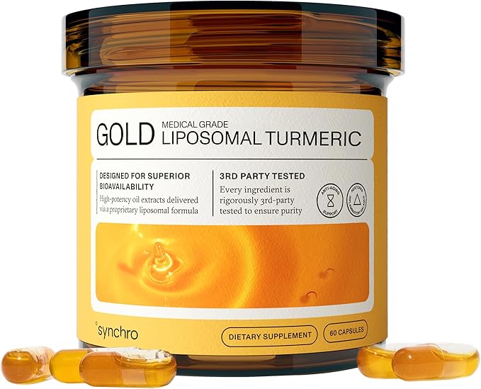 Synchro Gold Medical-Grade Liposomal Turmeric | 60ct Capsules | Whole-Plant Extract Nano-Encapsulation Delivery | Curcumin Black Pepper Piperine Supplement