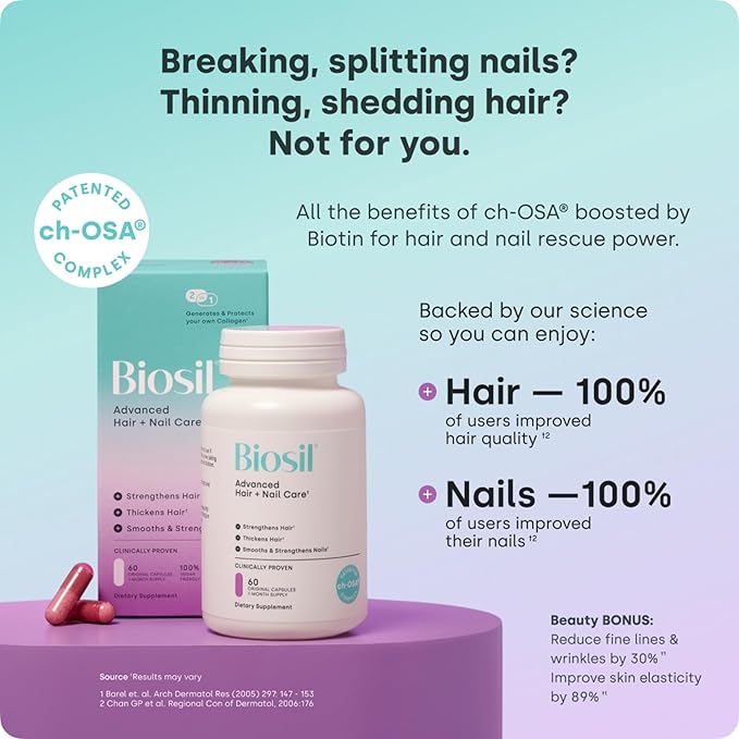 Biosil Advanced Hair + Nail Care - 30 Capsules - Grow Strengthen &amp Thicken Hair and Nails - with Patented ch-OSA &amp Biotin - 15-Day Supply