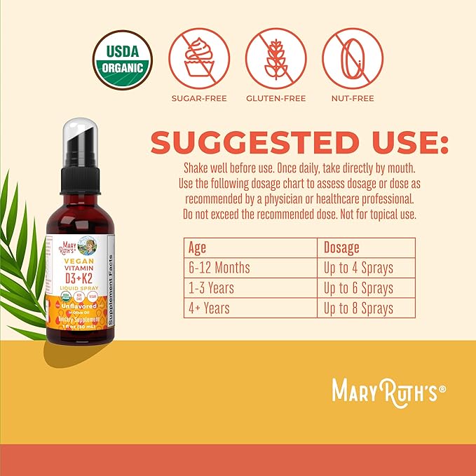 MaryRuth's Organic D3 + K2 Spray for Adults &amp Kids for Bone Health | Vitamin D3 as Cholecalciferol | Vitamin K2 | Immunity | Mineral Absorption | Heart Health | Vegan | Non-GMO | Gluten Free | 1 F