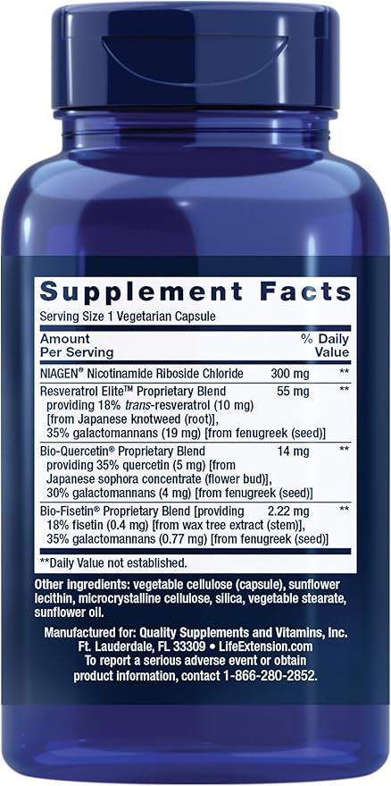 Life Extension NAD+ Cell Regenerator™ and Resveratrol Elite™* nicotinamide riboside Trans-resveratrol quercetin Fisetin Heart Health Healthy Aging Vegetarian Non-GMO Gluten Free 30 Capsules