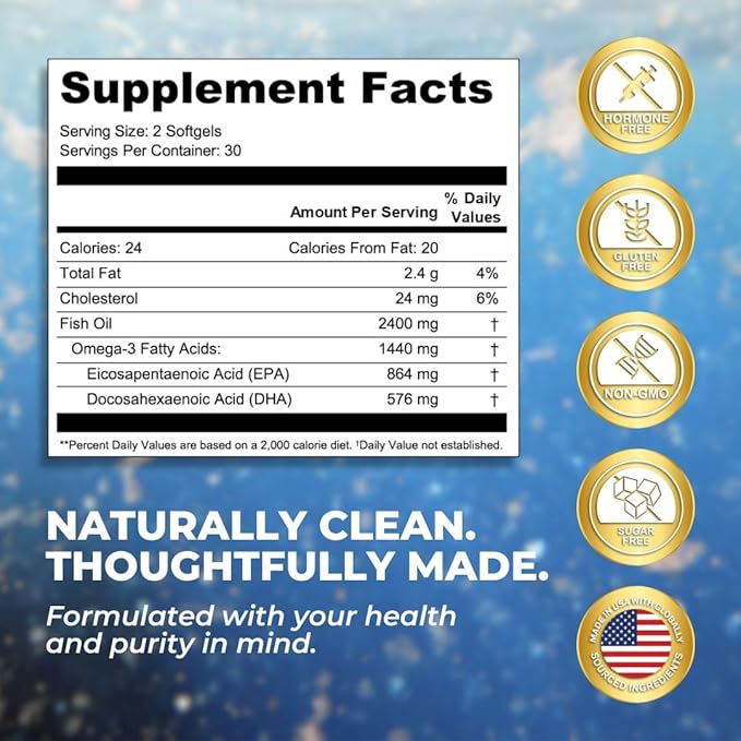 Vital Omega 3 Fish Oil Supplements 2400mg | 864mg EPA &amp 576mg DHA | 1440mg Total Omega-3 Fatty Acids | Promotes Brain &amp Heart Health | Non-GMO Gluten-Free Sugar-Free | Lemon | 60 Day Serving