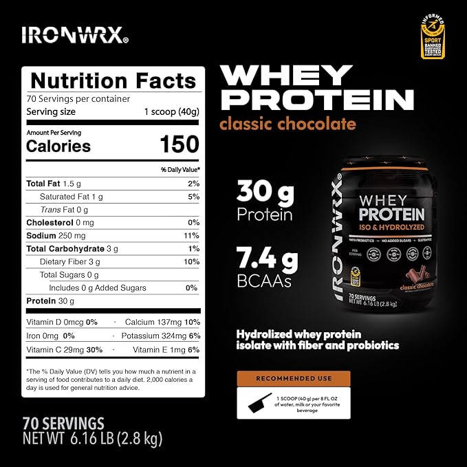 100% Hydrolyzed Whey Protein Isolate | 30g Protein 7.4 g BCAAs | Chocolate | Informed Sport Certified Banned Substance Free | Low Carb Keto Friendly Fast Absorbing Powder | 70 Servings