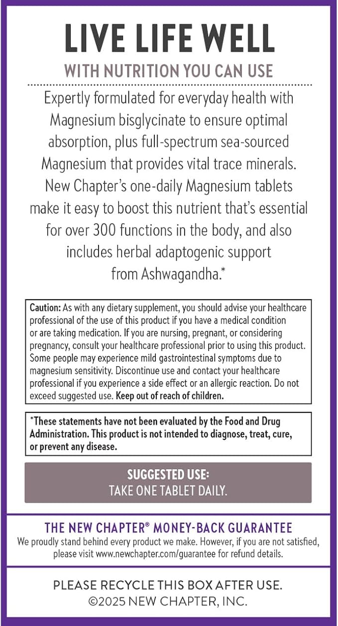 New Chapter Magnesium + Ashwagandha Supplement 325 mg with Magnesium Glycinate for Muscle Relaxation &amp Recovery Heart Nerve &amp Bone Health 2.5X AbsorptionNon-GMO-90 ct (3 Month Supply)(Pa