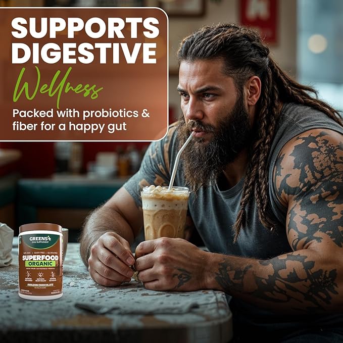 Greens+ Plus Organic Superfood Amazon Chocolate Boost Energy Essential Blend of Raw Foods Non GMO Gluten Free USDA Organic and Vegan Powder 8.46 oz
