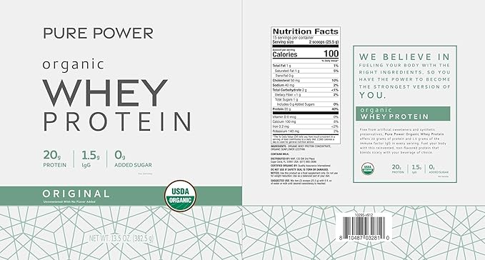 Dr. Mercola Pure Power Organic Whey Protein - 20 g Protein - Supports Muscle Growth &amp Energy - Grass-Fed Whey Concentrate - 15 Servings (20.60 oz) - Original (Pack of 2)