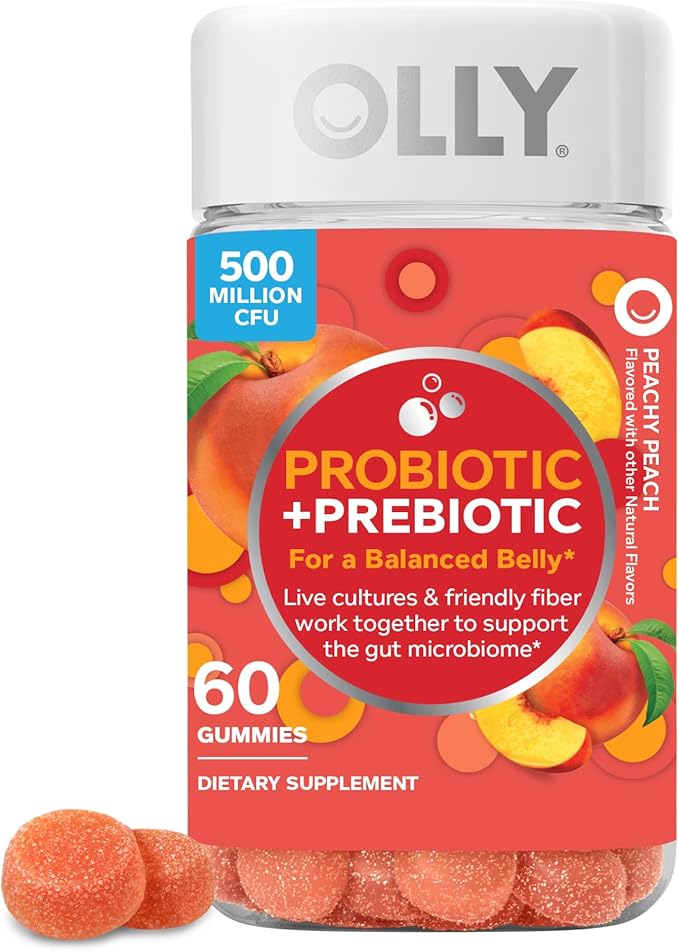 OLLY Probiotic + Prebiotic Gummy Digestive Support and Gut Health 500 Million CFUs Fiber Adult Chewable Supplement for Men and Women Peach 60 Day Supply - 60 Count