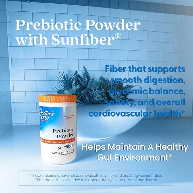 Doctor's Best Prebiotic Powder Supplement with Sunfiber Guar Fiber - Digestive Health &amp Nutrition Support for Women &amp Men Unflavored Easy Dissolve Gluten Free Non GMO Vegan - 7.4 oz