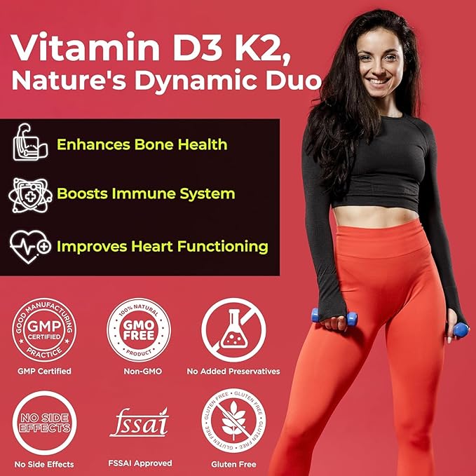 Vitamin D3 (600 IU) + Vitamin K2 as Mk7 (55Mcg) Supports Healthy Bones Boosts Immune System | for Men &amp Women - 60 Veg Tablets