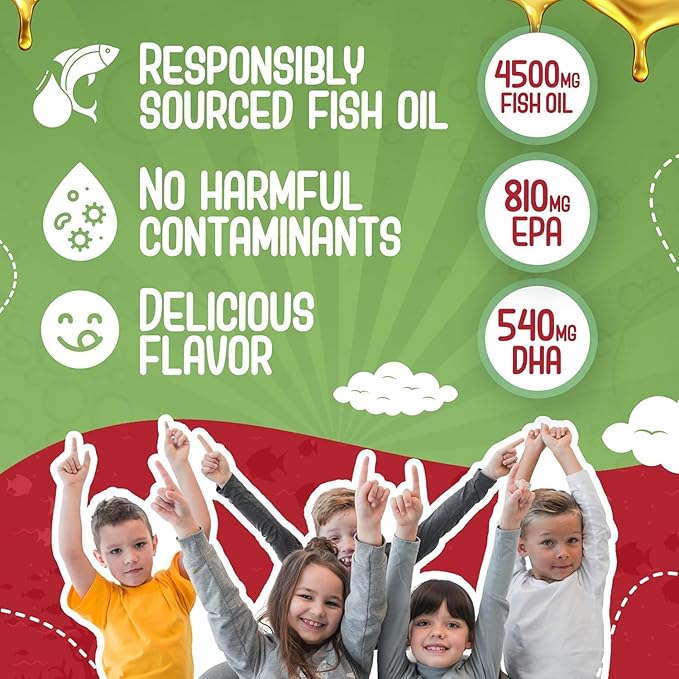Maxi Health Omega 3 for Kids Supplement – Kosher Omega 3 Kids Fish Oil Liquid with DHA &amp EPA – Liquid Fish Oil Supplement with Fruity Burst Flavor to Support Mood Brain Focus Bones &amp Eyes (