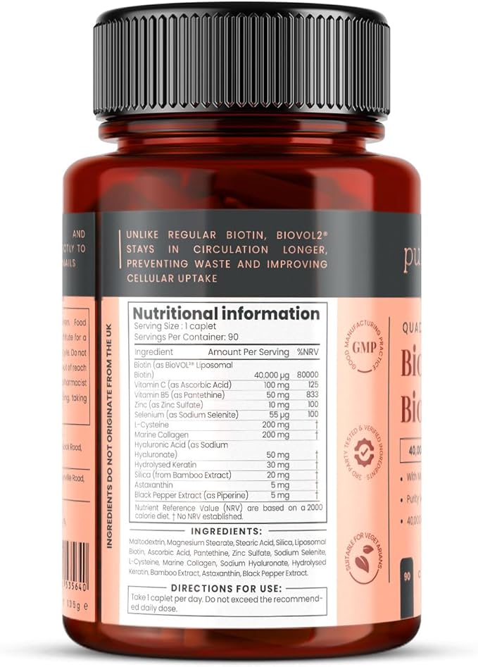 400% Strength Biotin 40000mcg x 90 Caplets – BioVOL²® Liposomal Biotin Complex | with Marine Collagen Keratin Vitamin C &amp More | 3 Months Supply