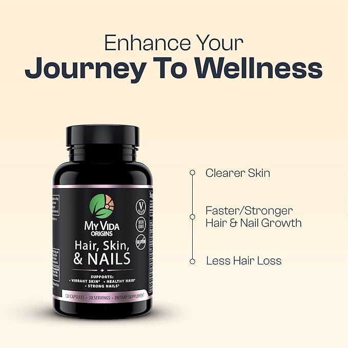 My Vida Origins Hair Skin and Nails | Thicker Hair Stronger Nails Vibrant Skin | Supports Natural Beauty | Zinc Biotin Vitamin E | Vegan 120 Capsules 1 Month Supply