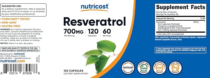 Nutricost Resveratrol 700mg 120 Capsules - Vegan Gluten Free Non-GMO