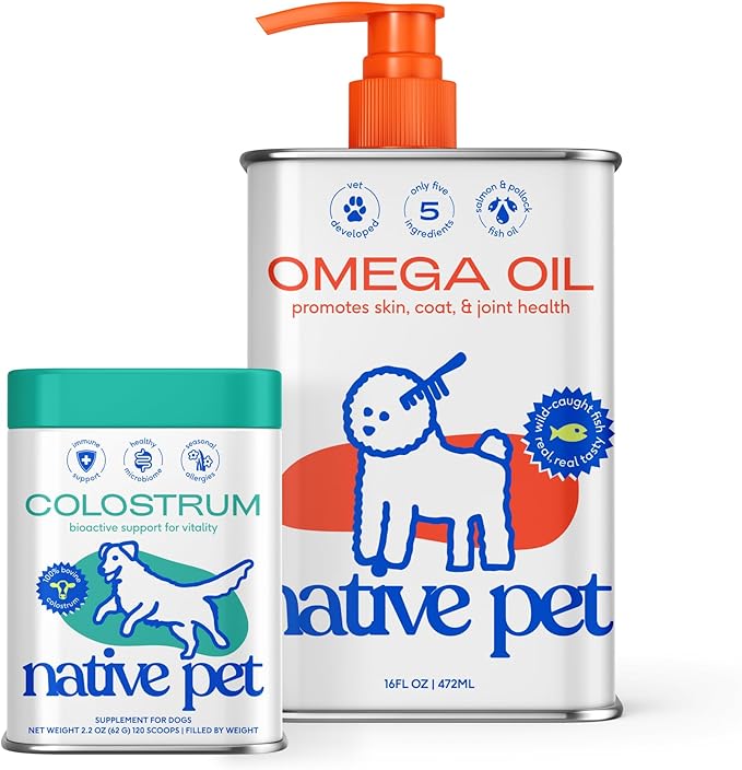 Native Pet Pup Power-Up Bundle: Colostrum for Dogs (120 Scoops) &amp Omega Oil for Dogs (16 Oz) - Bovine Colostrum Powder &amp Fast-Absorbing Omega 3 6 9 Supplement