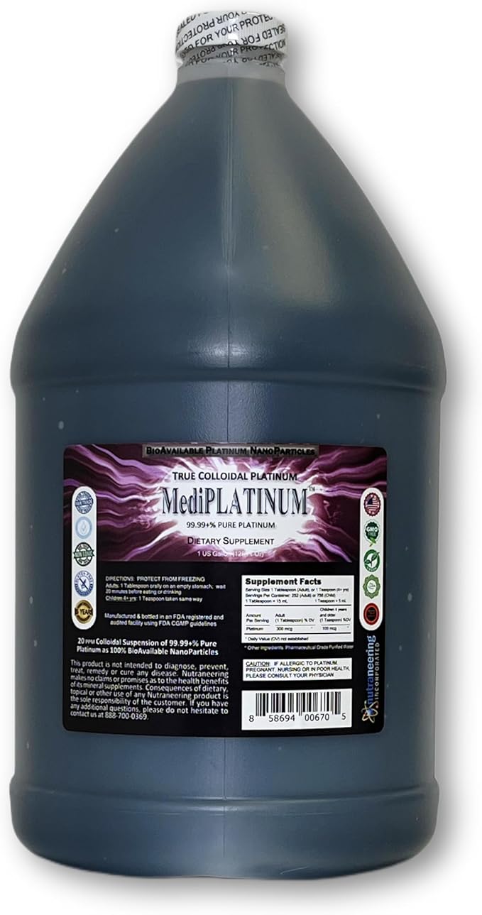 MediPLATINUM Gut Booster True Colloidal Platinum PtNP Nutritional Supplement - 1 US Gallon in BPA-Free Plastic Jug