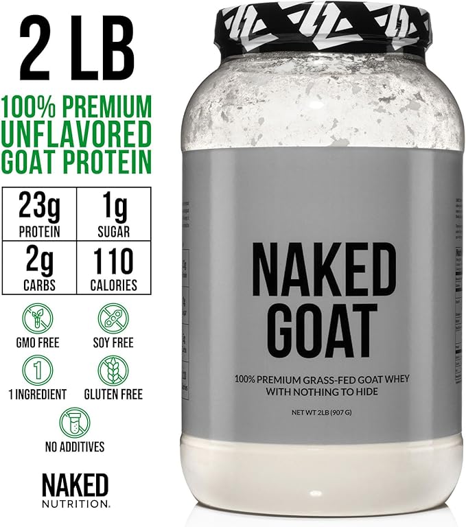 NAKED Goat - Pasture Fed Goat Whey Protein Powder from Small-Herd Wisconsin Dairies 2Lb Bulk GMO Free Soy Free. Easy to Digest - All Natural - 23 Grams of Protein - 30 Servings