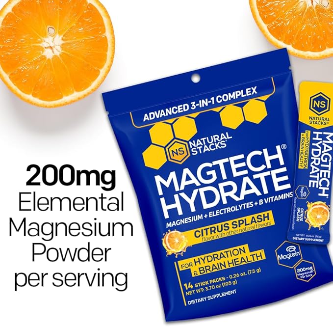 MagTech Magnesium Hydrate Packets - Sugar Free Hydration Powder - Magtein Magnesium L-Threonate Glycinate &amp Taurate - 200mg Chelated Triple Complex - Supports Hydration &amp Brain Health* - 14 S