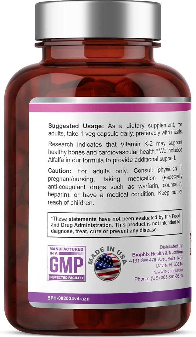 biophix Vitamin K2 MK-4-100 mcg 200 Caps with Alfalfa - Supports Strong Bones Immune Health