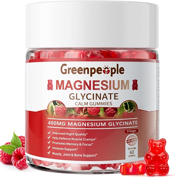 GREENPEOPLE Magnesium Glycinate Gummies 400mg - Sugar Free Magnesium Supplement with Magnesio Citrate Vitamin D and B6 for Calm Support &amp Sleep for Adults - High Absorption - Raspberry Gummies