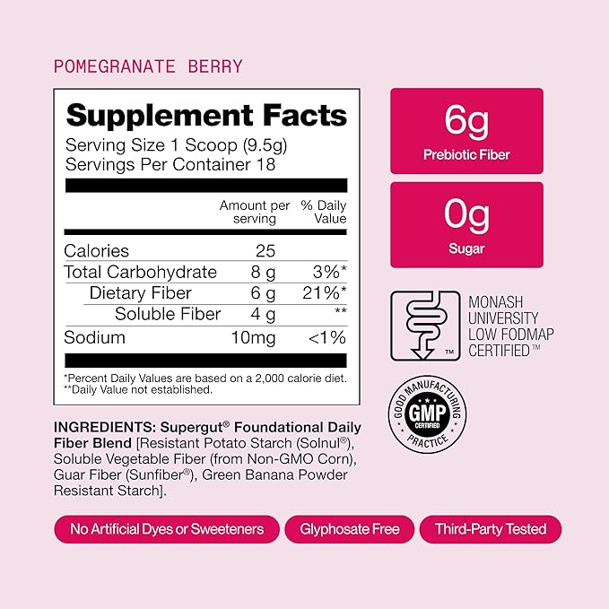 Supergut Foundational Daily Fiber Powder Sugar Free &amp Vegan Prebiotic Fiber Blend for Gut Health &amp Digestive Support Supplement for Men &amp Women with Solnul &amp Sunfiber Pomegranate Be