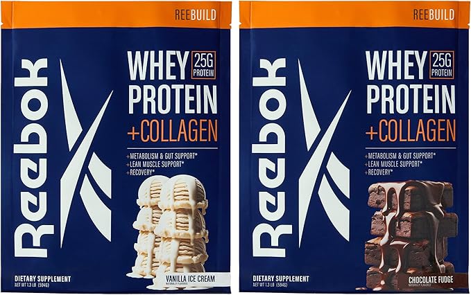Reebok REEbuild Whey Protein + Collagen Bundle | Vanilla Ice Cream &amp Chocolate Fudge | 25G Protein Joint Health | Complete Protein System | Multi-Flavor Bundle