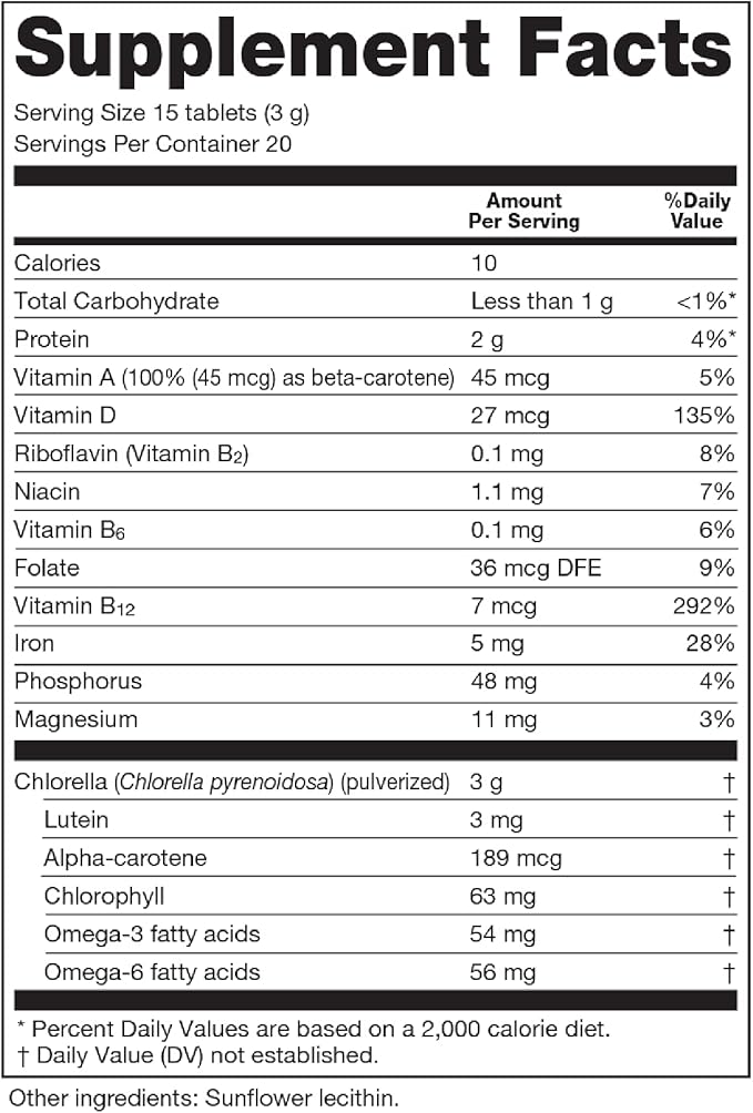 Sun Chlorella 200 mg Green Algae Superfood Supplement - Pulverized Cell Wall - Chlorophyll CGF Active B12 Iron Protein - Non-GMO - 300 Tablets