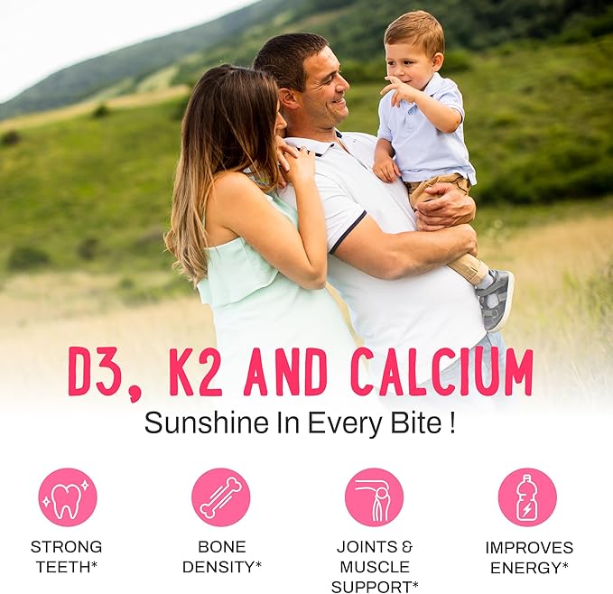Double-Flavored Vitamin D3 K2 &amp Calcium Fluffy Gummies - Supplement for Healthy Teeth Bone &amp Energy - 5000 IU D3 120 mcg K2(MK-7) 120 mg CA - Vegan &amp Non-GMO - 60 Count