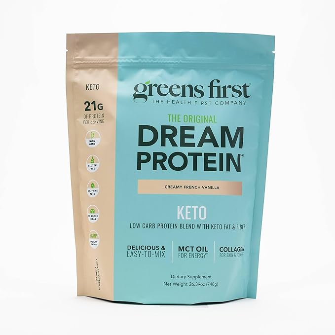 Greens First Dream Protein Powder Keto - 21g Protein Per Serving - Low Carb - with MCT Oil &amp Collagen - Non-GMO Gluten-Free Caffeine-Free (Creamy French Vanilla 26.39 oz)