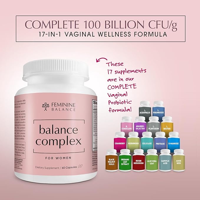 Balance Complex 17-in-1 Vaginal Health 100 Billion Probiotics for Women pH Balance with Cranberry &amp D-Mannose | Promote Urinary Tract Health for Vaginal Odor &amp Vaginal Flora 60 Capsules