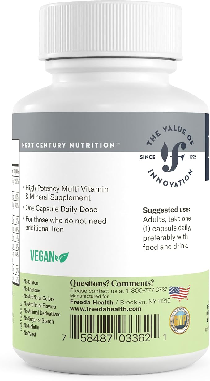FREEDA One Daily Multivitamin Without Iron – Kosher Adult Multivitamin Supplements for Women &amp Men’s Health with Biotin Vitamin B12 B1 B2 B5 Folic Acid Niacinamide – Gluten Free (250 Capsule