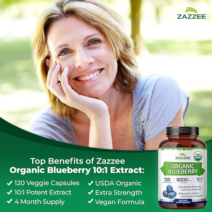 Zazzee USDA Organic Blueberry 10:1 Extract 120 Vegan Capsules 4 Month Supply Whole Fruit Vaccinium Angustifolium Antioxidant &amp Cellular Health Support Herbal Supplement Non-GMO Made in the