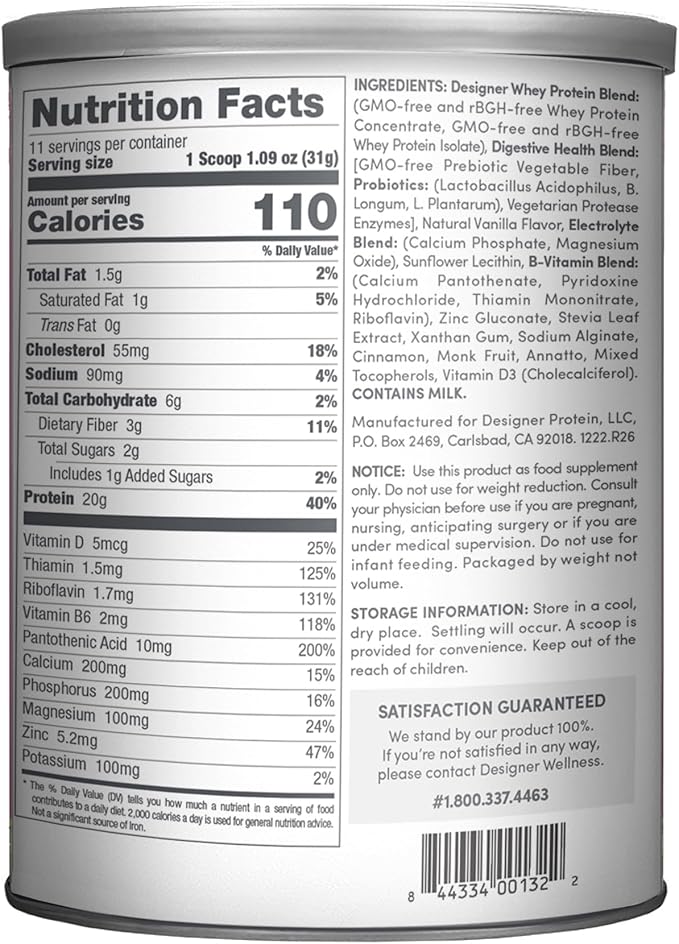 Designer Wellness Designer Whey Natural Whey Protein Powder with Probiotics Fiber and Key B-Vitamins for Energy Gluten-Free French Vanilla 12oz