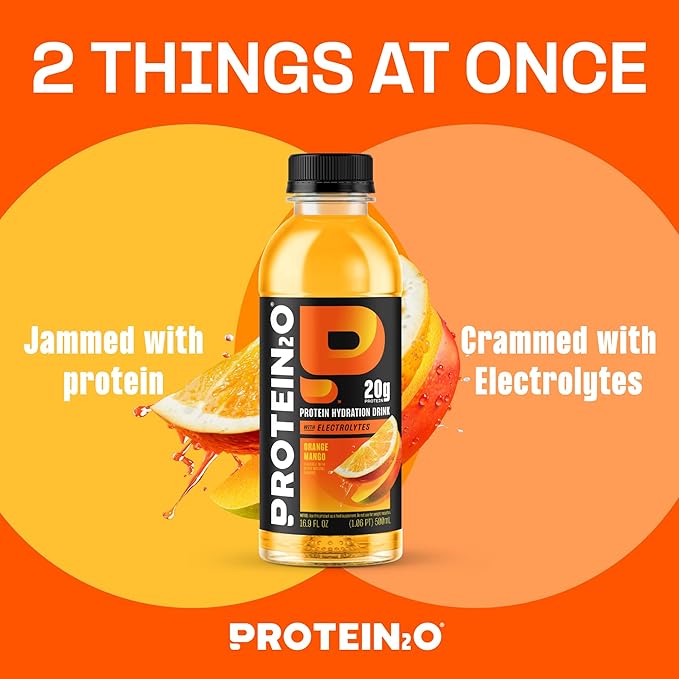 Protein2o Hydration Drink - 2-in-1 Liquid Clear Whey Protein Isolate and Electrolyte Drink - 20g Protein Vitamins B5 B6 - Post-Workout Recovery - 16.9 Fl Oz - 12 Count Orange Mango