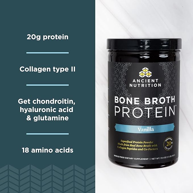 Ancient Nutrition Multi Collagen Protein Powder Vanilla 24 Servings + Bone Broth Protein Powder Vanilla 20 Servings