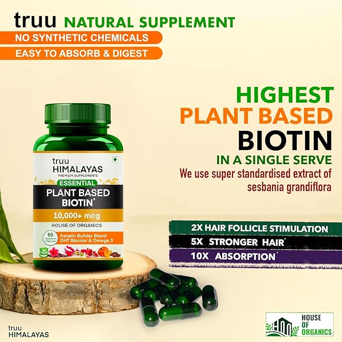Plant Based Biotin 10000mcg for Hair Growth with DHT Blocker Keratin &amp Omega 3 Supplement Vitals for Men &amp Women - Ayurvedic Nutrients for Hair Fall Skin &amp Nails Health - 60 Capsules