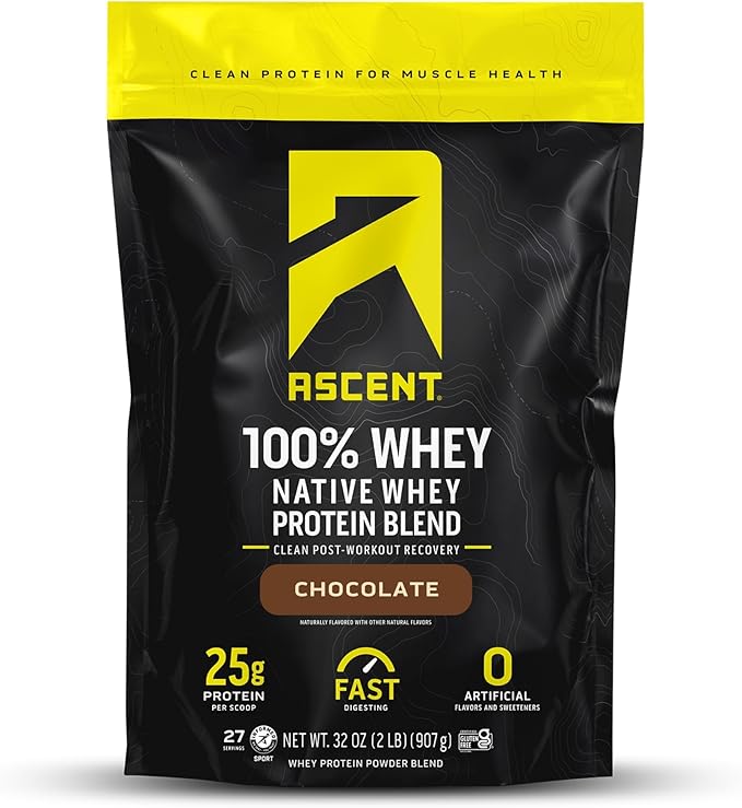 Ascent 100% Whey Protein Powder - Post Workout Whey Protein Isolate Zero Artificial Flavors &amp Sweeteners Gluten Free 5.5g BCAA 2.6g Leucine Essential Amino Acids Chocolate 2 lb