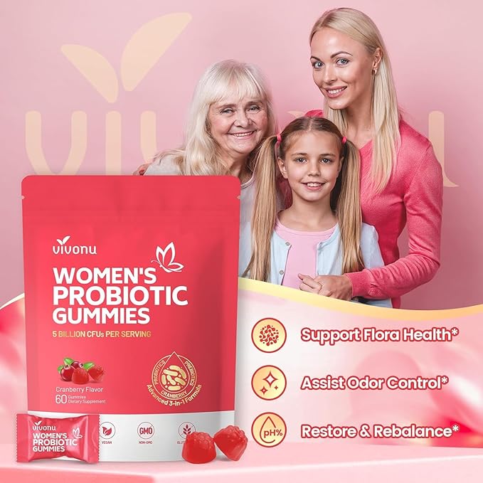 VivoNu Women Probiotic Gummies Feminine Balance Gummies Prebiotic Gummy | Prebiotics &amp Lactobacillus Probiotic Blend Help Women's HealthBoost ImmuneDigestiveGut Promote Healthy Vaginal Odor