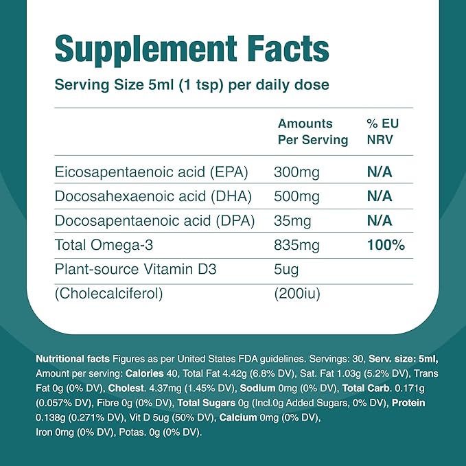 Vegan Omega 3 Liquid from Microalgae 800mg of EPA DHA with Vitamin D3 Supports Heart Brain and Eye Health Natural Fish Oil Alternative UK Made Unflavoured