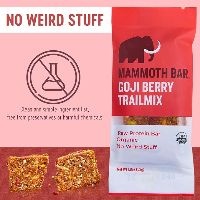 Mammoth Bar 20 pack saver bundle - 10 Macadamia Coconut &amp 10 Goji Berry Trail Mix Bars -Organic Protein Bars – Prebiotic • Gluten Free • Egg Protein • GMO Free • Raw • Premium Nuts