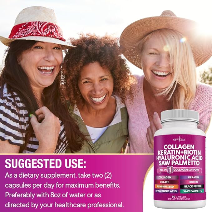 NEW AGE Collagen Pills Biotin Keratin Saw Palmetto Hyaluronic Acid - Vitamin E Folic Acid Pumpkin Seed MSM - 90 Count (Pack of 2)
