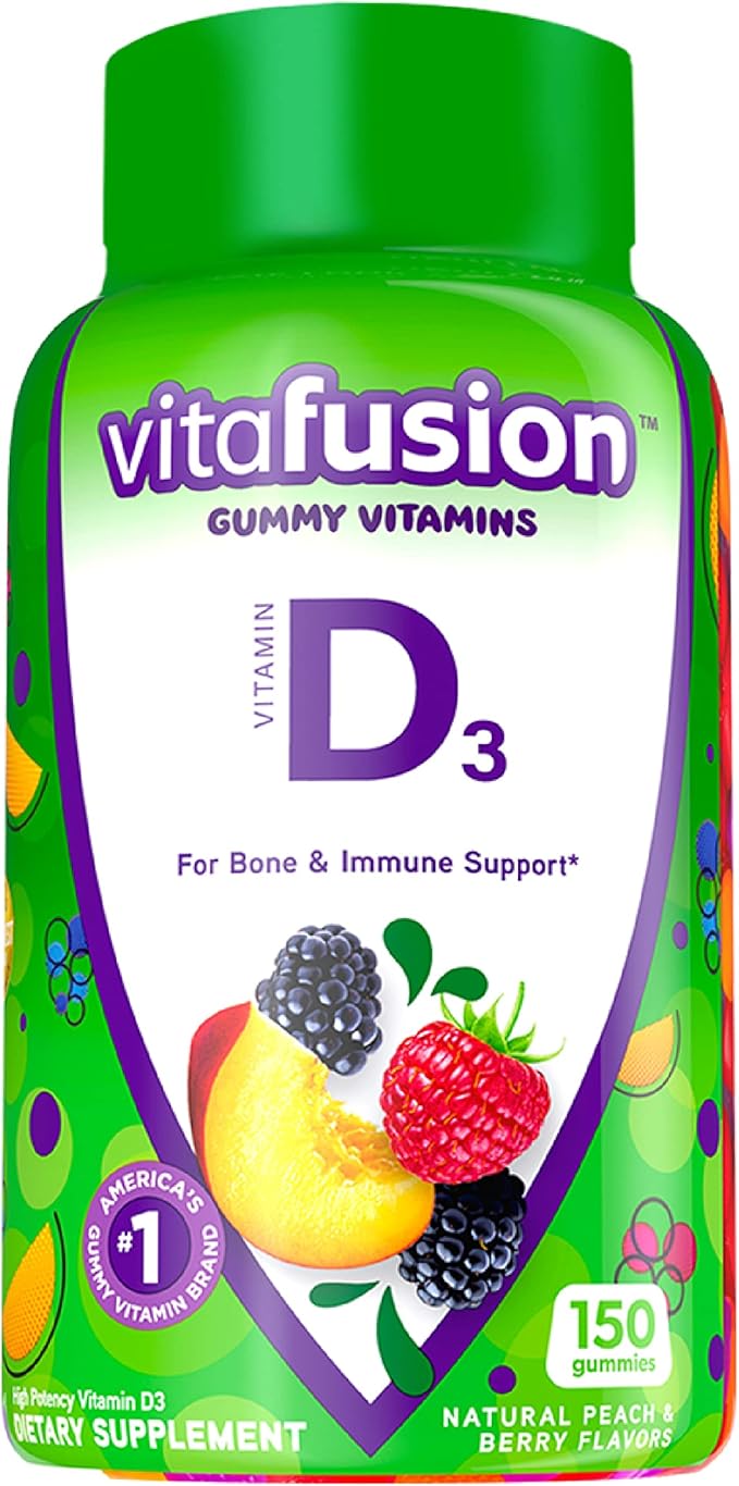 Vitafusion Fiber Well Sugar Free Fiber Supplement &amp Vitamin D3 Gummy Vitamins for Bone and Immune System Support Peach BlackBerry and Strawberry Flavored 50 mcg Vitamin D 75 Day Supply 150 Co
