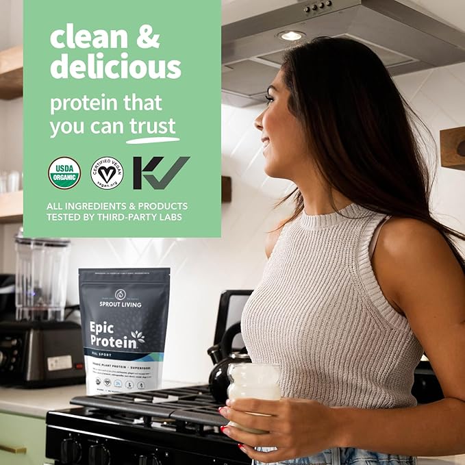 Sprout Living Epic Protein Plant Based Protein &amp Superfoods Powder Real Sport | 24 Grams Organic Protein Powder Recovery Vegan Non Dairy Non-GMO Gluten Free Low Sugar (1 Pound 12 Serving