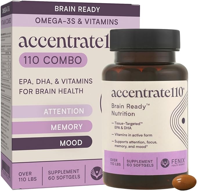 Accentrate110 - Focus Supplement - Methylated Vitamin B Complex with Omega 3 Fatty Acid Supplement - L-Methylfolate Vitamin B12 P-5-P Riboflavin VIT D – 60 Softgels (1 Month Supply)