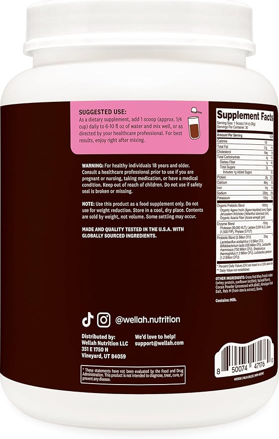 Wellah Grass-Fed Whey Protein Isolate Powder (Milk Chocolate) 30 Servings - with Prebiotics Enzymes &amp Probiotics 20g of Protein 100 Calories Naturally Sweetened
