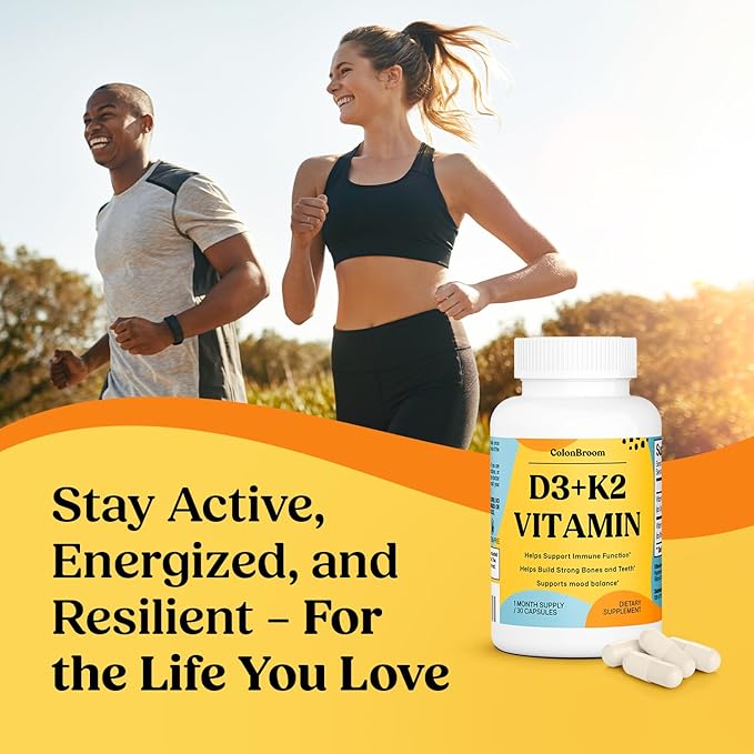 ColonBroom Vitamin D3 K2 | Supports Immune System Mood Balance Strong Bones &amp Teeth | Vegan Non-GMO Gluten-Free | Maximum Strength 2-in-1 K2 D3 Vitamin Supplement (30 Capsules 1 Month Supply)