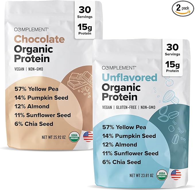 Complement Organic Vegan Protein Powder Bundle – Unflavored &amp Chocolate (30 Servings Each) | Low Carb Low Calorie Sugar Free Soy Free Non-GMO Gluten Free | 15g Plant-Based Protein Per Serving