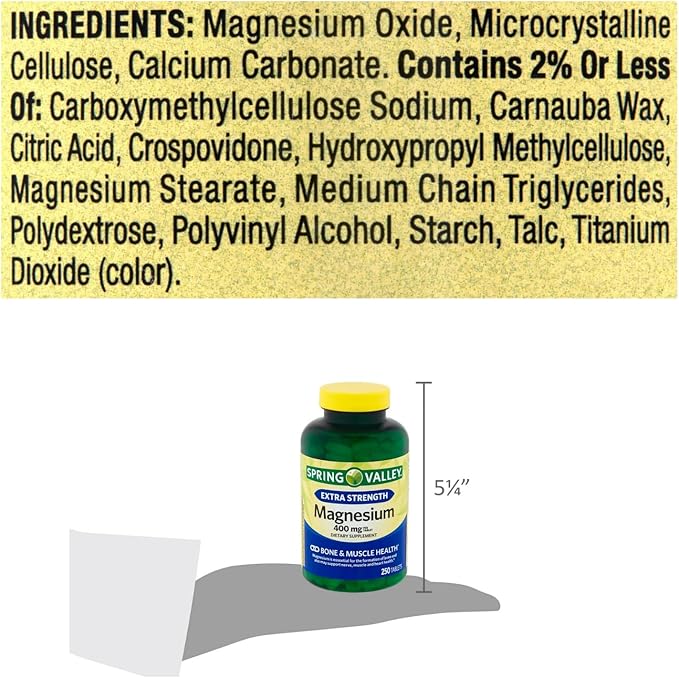 250 Count SPR -ing Valle Extra Strength Magnesium Oxide 400 mg – Over 8 Months of Supply (250 Days) + Vitamin Guide Included Muscle &amp Bone Health