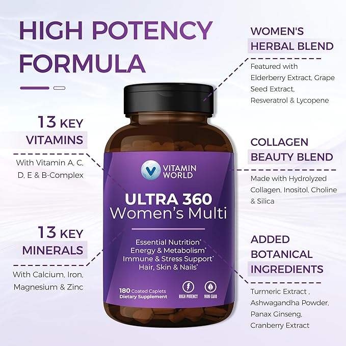 Vitamin World Ultra 360 Multivitamin for Women Women's Multivitamin with Herbs &amp Collagen for Hair Skin &amp Nails Supplement with Iron Vitamin A B C D E for Energy &amp Immune Support