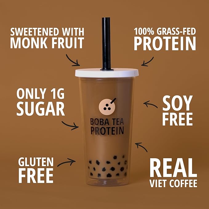 Boba Tea Protein Vietnamese Coffee | 25g Grass-Fed Whey Protein Isolate Powder | 112mg Caffeine | Gluten-Free &amp Soy-Free Bubble Tea Drink | Real Ingredients &amp Lactose-Free Protein Drink | 25 S