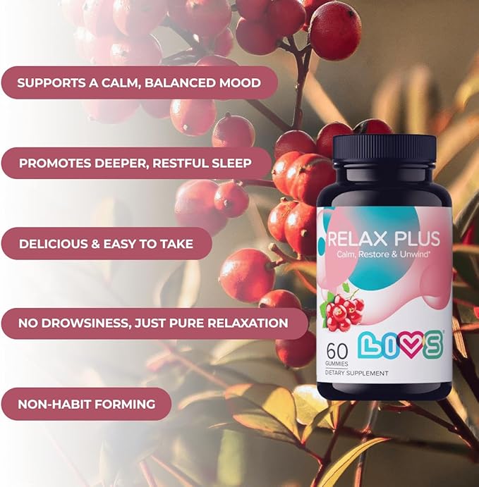 LIVS Relax Plus Gummies – Stress Relief &amp Calm Support | Ashwagandha GABA Lemon Balm &amp Vitamin B6 for Relaxation &amp Mood | Natural Red Berry Flavor | Vegan Supplement for Adults &amp Kid