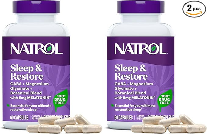 Natrol Sleep &amp Restore Capsules - Calm Magnesium GlycinateMagnesium Sleep Aid with GABAMelatonin 5mgBotanical Blend30 Day Supply(Pack of 2)